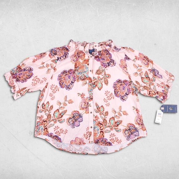 Democracy Tops - NWT Democracy Button Up Blouse Wmns 2X Rose Pearl Ruffle Edge Neck Feminine